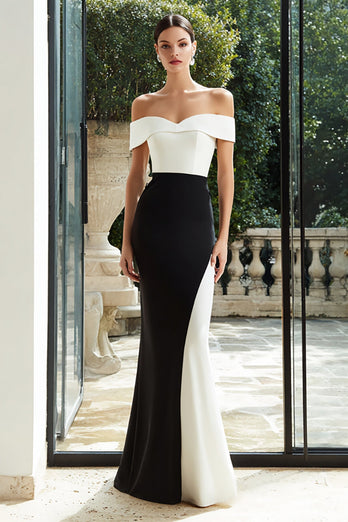 Black and White Mermaid Patchwork Off The Shoulder Long Formal Dress