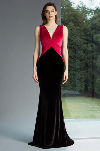 Black and Fuchsia Mermaid Velvet Ruched V-Neck Long Formal Dress