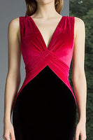Load image into Gallery viewer, Black and Fuchsia Mermaid Velvet Ruched V-Neck Long Formal Dress
