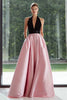 Load image into Gallery viewer, Black and Pink A Line Satin Halter Long Formal Dress with Pockets