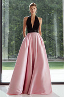 Load image into Gallery viewer, Black and Pink A Line Satin Halter Long Formal Dress with Pockets