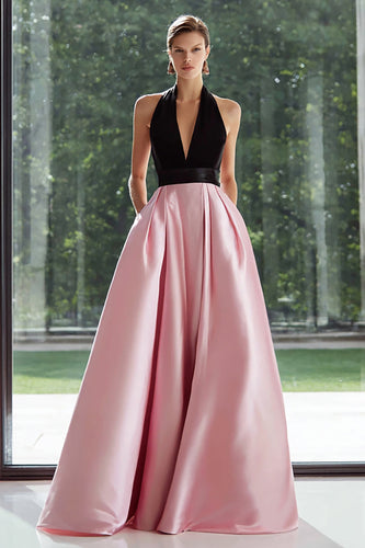 Black and Pink A Line Satin Halter Long Formal Dress with Pockets