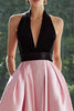 Load image into Gallery viewer, Black and Pink A Line Satin Halter Long Formal Dress with Pockets