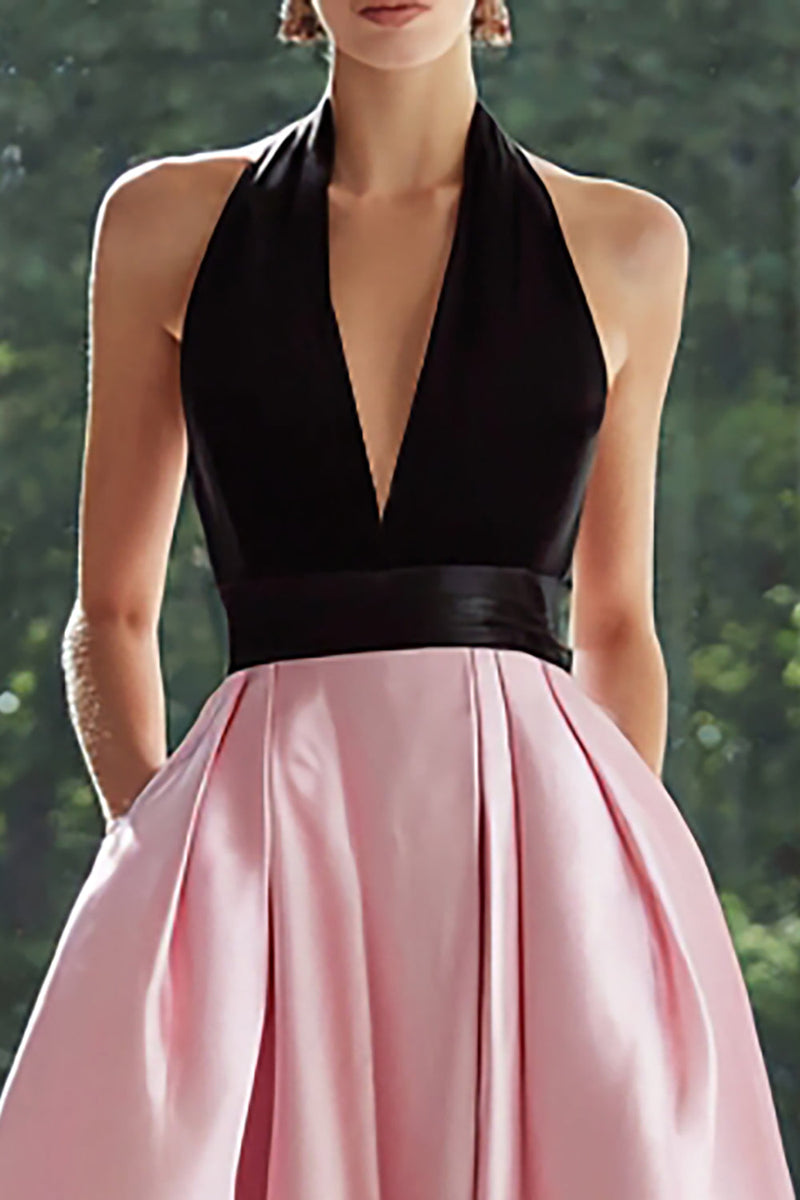 Load image into Gallery viewer, Black and Pink A Line Satin Halter Long Formal Dress with Pockets