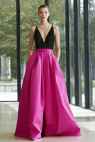 Sparkly Black and Fuchsia A Line Satin Long Formal Dress with Pockets
