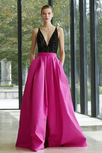 Sparkly Black and Fuchsia A Line Satin Long Formal Dress with Pockets