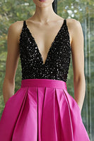 Load image into Gallery viewer, Sparkly Black and Fuchsia A Line Satin Long Formal Dress with Pockets