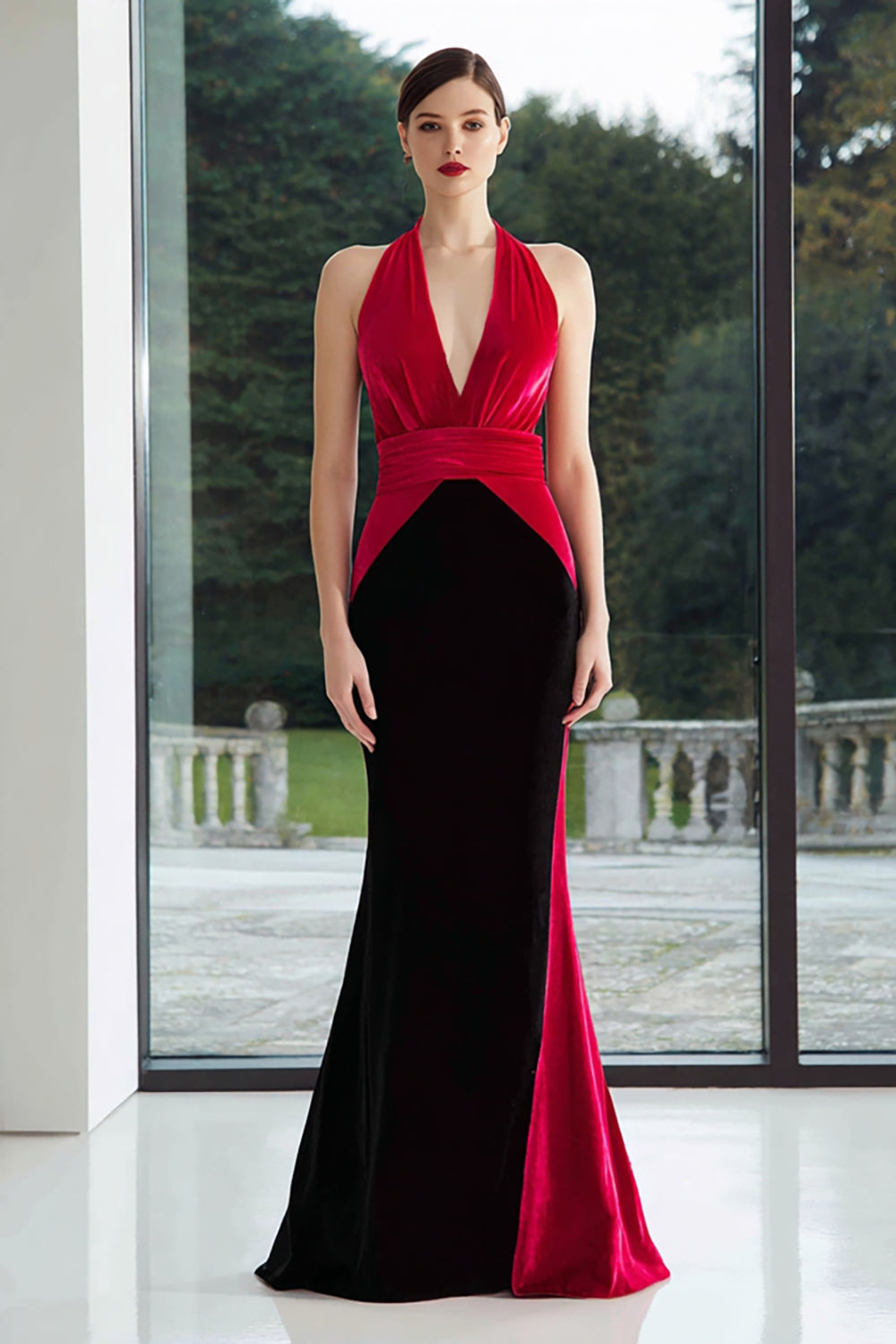 Black and Fuchsia Patchwork Mermaid Ruched Long Formal Dress