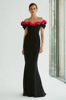 Load image into Gallery viewer, Black and Fuchsia Mermaid Off the Shoulder Long Formal Dress with Ruffles