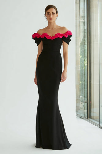 Black and Fuchsia Mermaid Off the Shoulder Long Formal Dress with Ruffles