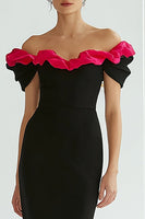 Load image into Gallery viewer, Black and Fuchsia Mermaid Off the Shoulder Long Formal Dress with Ruffles