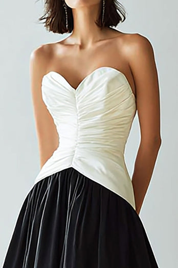 Simple Black and White Patchwork Sweetheart A Line Pleated Long Formal Dress