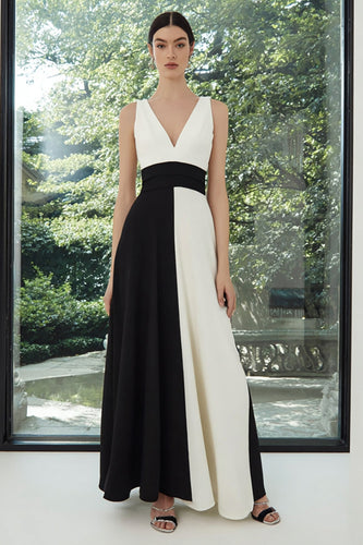 Black and White A Line Patchwork V-Neck Long Formal Dress