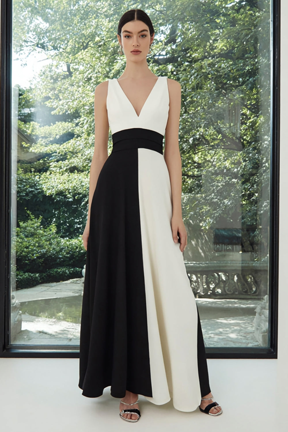 Black and White A Line Patchwork V-Neck Long Formal Dress