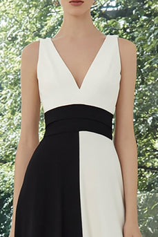 Black and White A Line Patchwork V-Neck Long Formal Dress