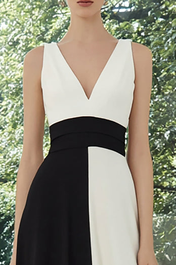 Black and White A Line Patchwork V-Neck Long Formal Dress