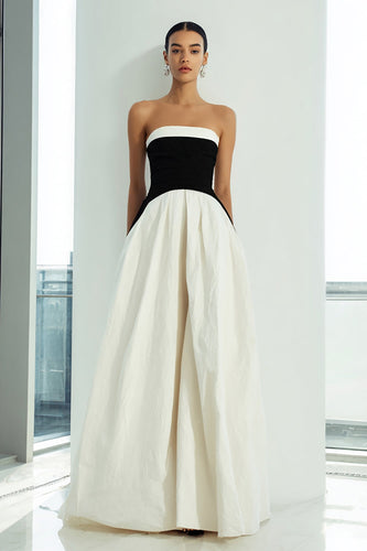 Simple Black and White Patchwork A Line Strapless Long Formal Dress