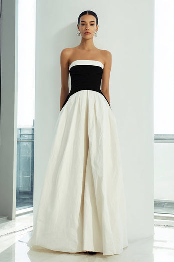 Simple Black and White Patchwork A Line Strapless Long Formal Dress