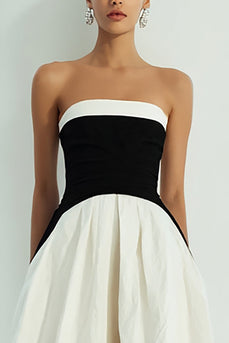 Simple Black and White Patchwork A Line Strapless Long Formal Dress