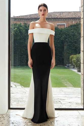 Simple Black and White Mermaid Off the Shoulder Patchwork Long Formal Dress