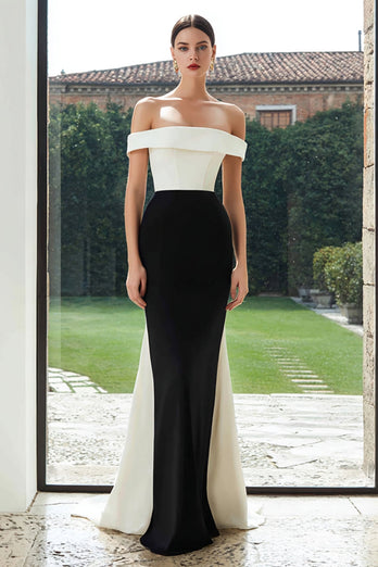 Simple Black and White Mermaid Off the Shoulder Patchwork Long Formal Dress