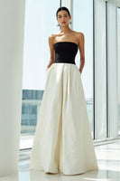 Load image into Gallery viewer, Simple Black and White Strapless A Line Long Formal Dress with Pockets