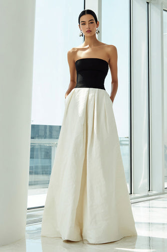 Simple Black and White Strapless A Line Long Formal Dress with Pockets