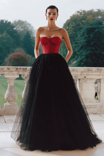 Black and Red Tulle A Line Sweetheart Long Corset Formal Dress