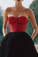 Load image into Gallery viewer, Black and Red Tulle A Line Sweetheart Long Corset Formal Dress