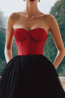 Black and Red Tulle A Line Sweetheart Long Corset Formal Dress