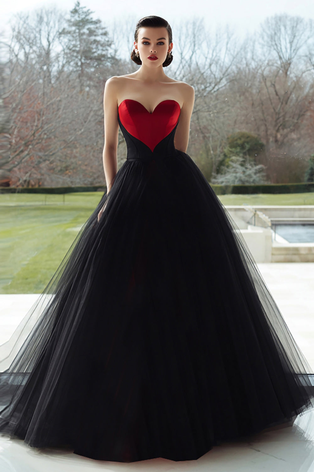 Queendancer Women Black and Red Tulle Long Formal Dress A Line Ball