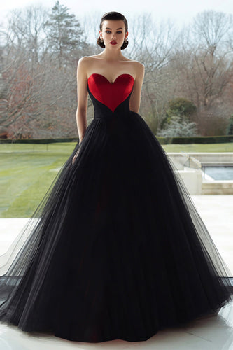Black and Red Tulle Ball Gown Sweetheart A Line Long Formal Dress