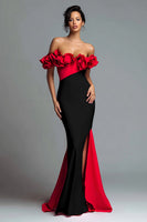 Load image into Gallery viewer, Black and Red Satin Mermaid Off the Shoulder Ruffled Long Formal Dress with Slit