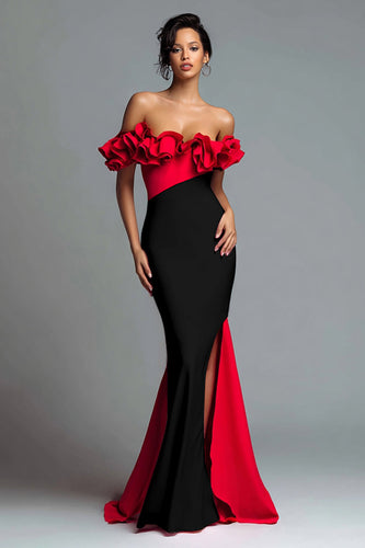Black and Red Satin Mermaid Off the Shoulder Ruffled Long Formal Dress with Slit