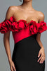 Load image into Gallery viewer, Black and Red Satin Mermaid Off the Shoulder Ruffled Long Formal Dress with Slit