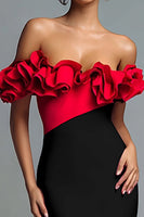 Load image into Gallery viewer, Black and Red Satin Mermaid Off the Shoulder Ruffled Long Formal Dress with Slit