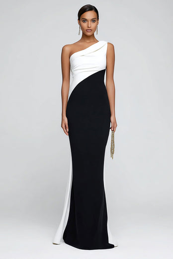 Simple Black and White Patchwork Mermaid One Shoulder Long Formal Dress