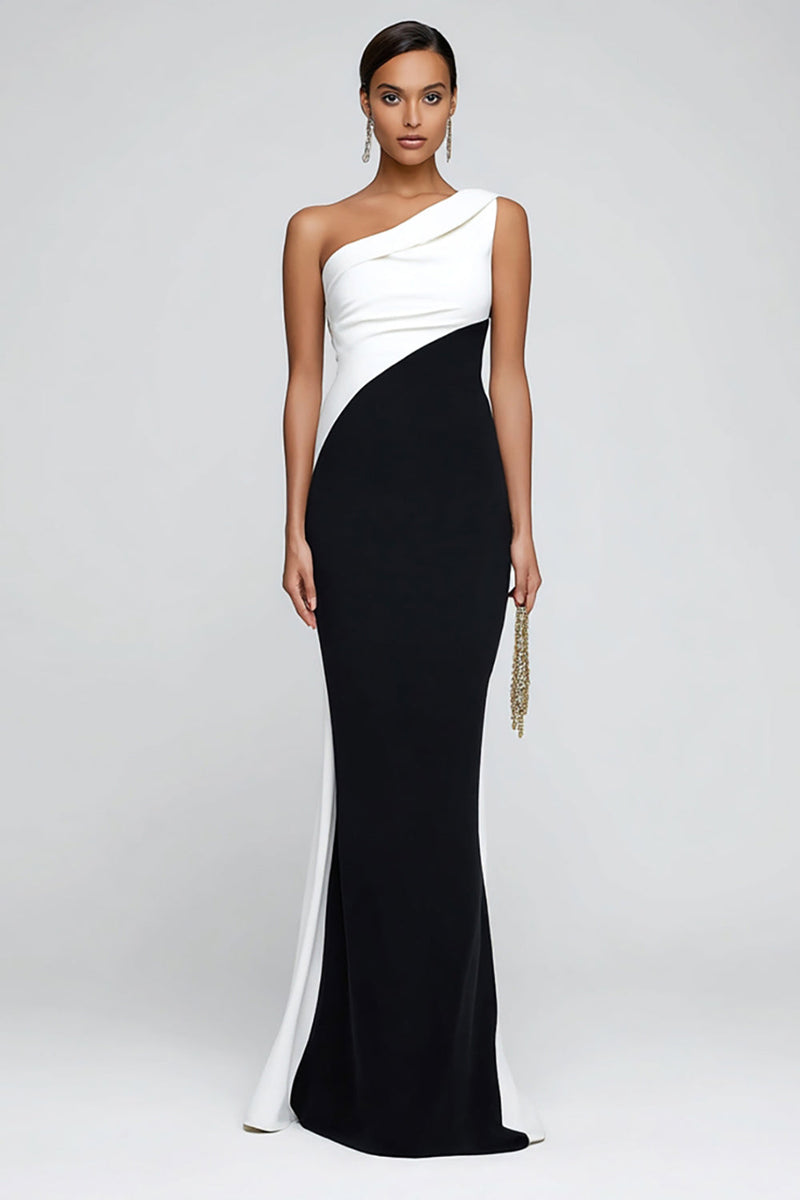 Load image into Gallery viewer, Simple Black and White Patchwork Mermaid One Shoulder Long Formal Dress