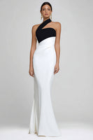 Load image into Gallery viewer, Simple Black and White Satin Ruched Mermaid One Shoulder Long Formal Dress