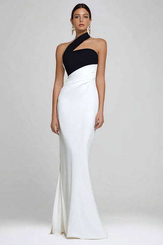Simple Black and White Satin Ruched Mermaid One Shoulder Long Formal Dress