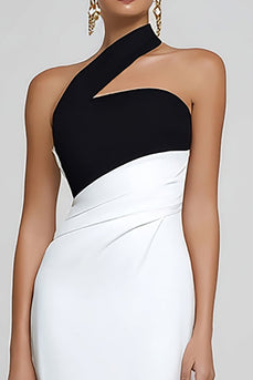 Simple Black and White Satin Ruched Mermaid One Shoulder Long Formal Dress