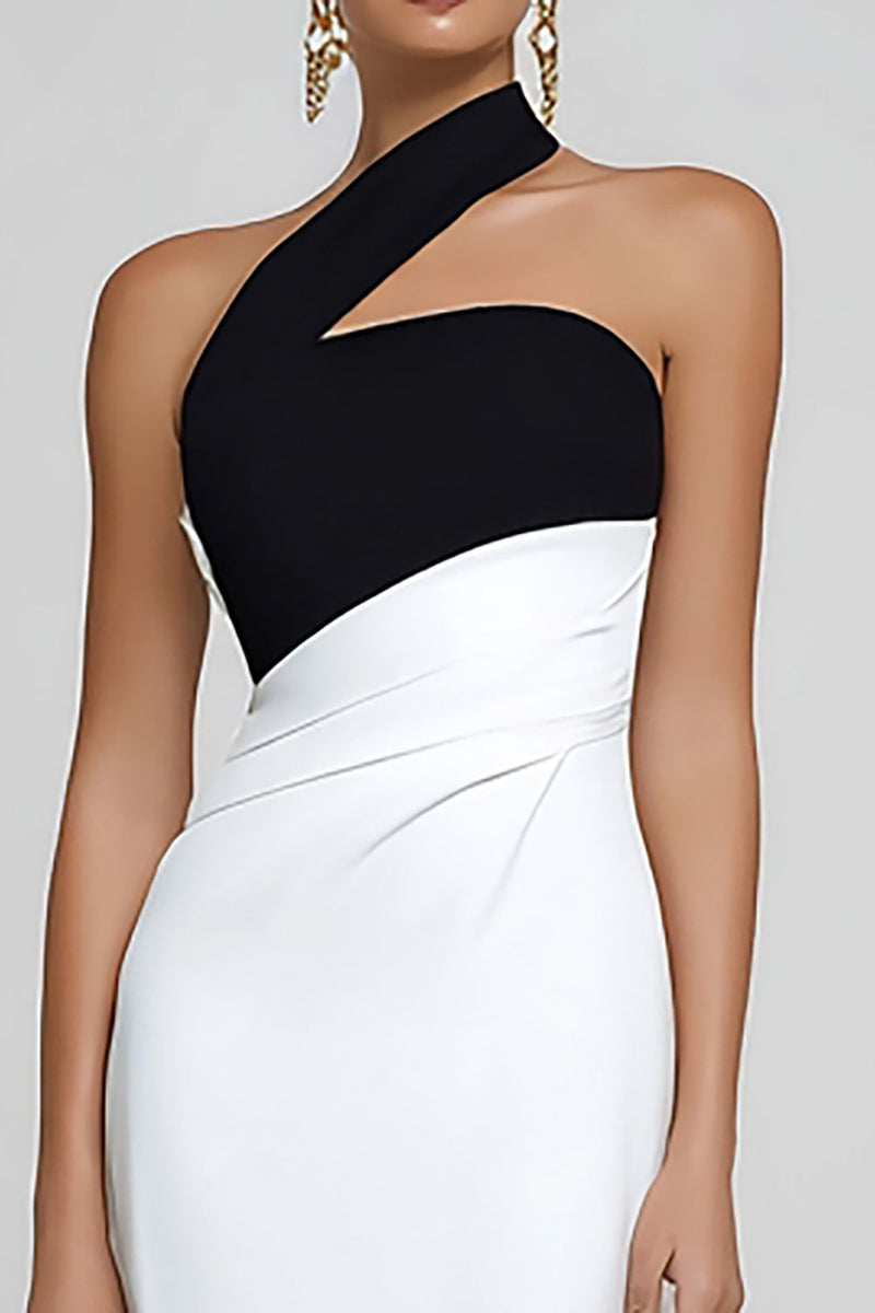 Load image into Gallery viewer, Simple Black and White Satin Ruched Mermaid One Shoulder Long Formal Dress