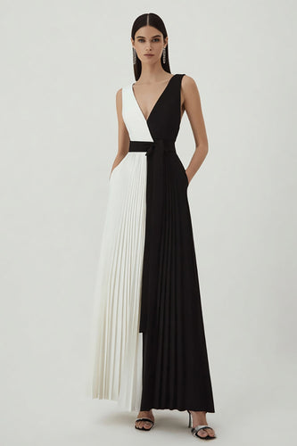 Black and White Satin A Line Patchwork Pleated V-Neck Long Formal Dress