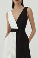 Load image into Gallery viewer, Black and White Satin A Line Patchwork Pleated V-Neck Long Formal Dress