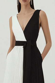 Black and White Satin A Line Patchwork Pleated V-Neck Long Formal Dress