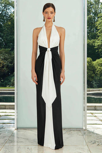 Black and White Sheath Satin Deep V-Neck Ruched Long Formal Dress