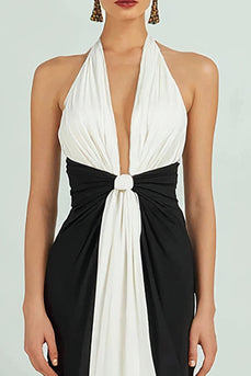 Black and White Sheath Satin Deep V-Neck Ruched Long Formal Dress