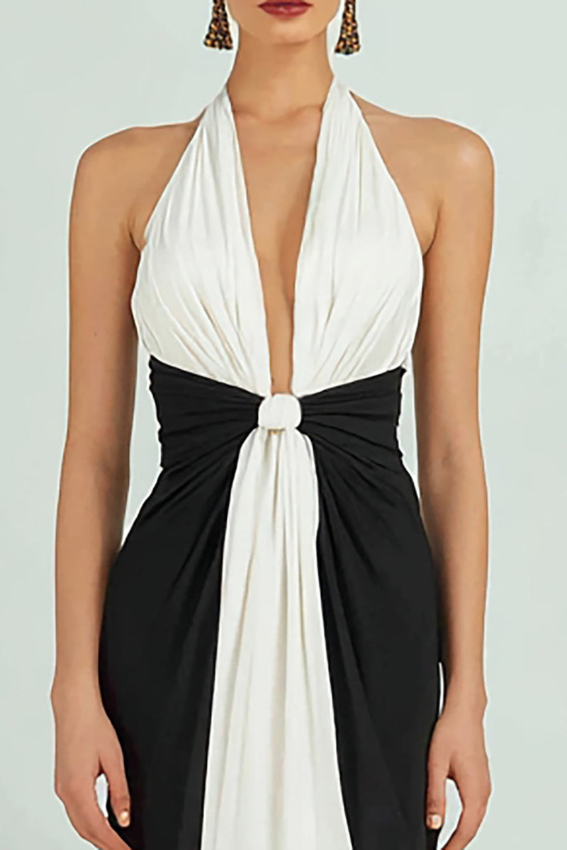 Load image into Gallery viewer, Black and White Sheath Satin Deep V-Neck Ruched Long Formal Dress