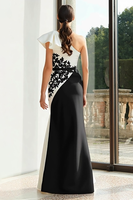 Load image into Gallery viewer, Black and White Mermaid One Shoulder Ruffled Long Formal Dress with Appliques