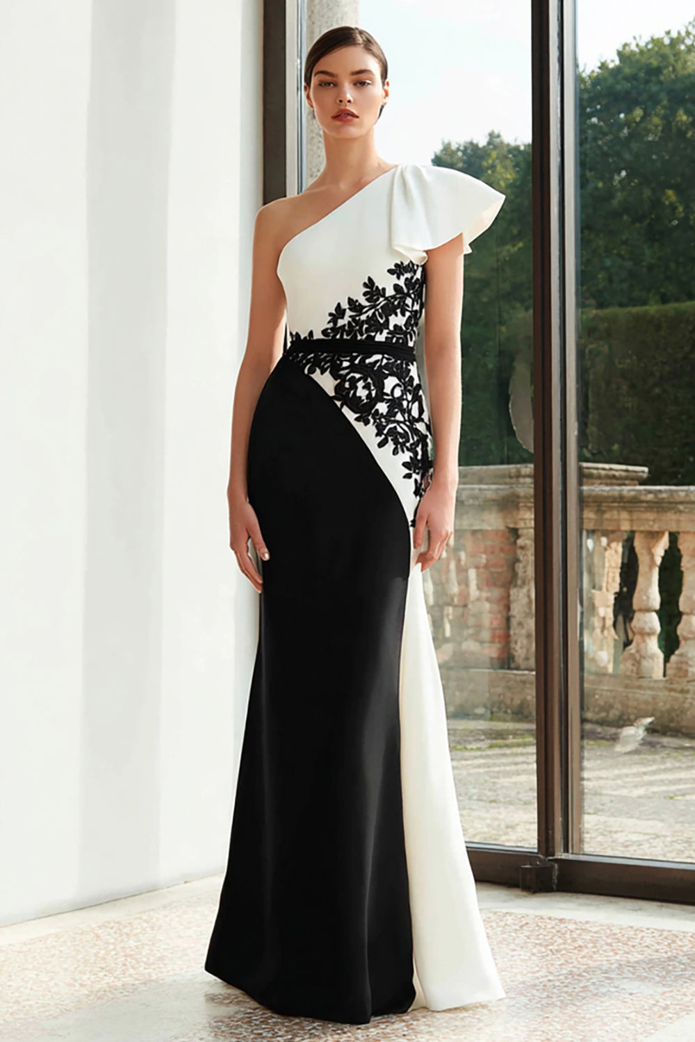 Black and White Mermaid One Shoulder Ruffled Long Formal Dress with Appliques